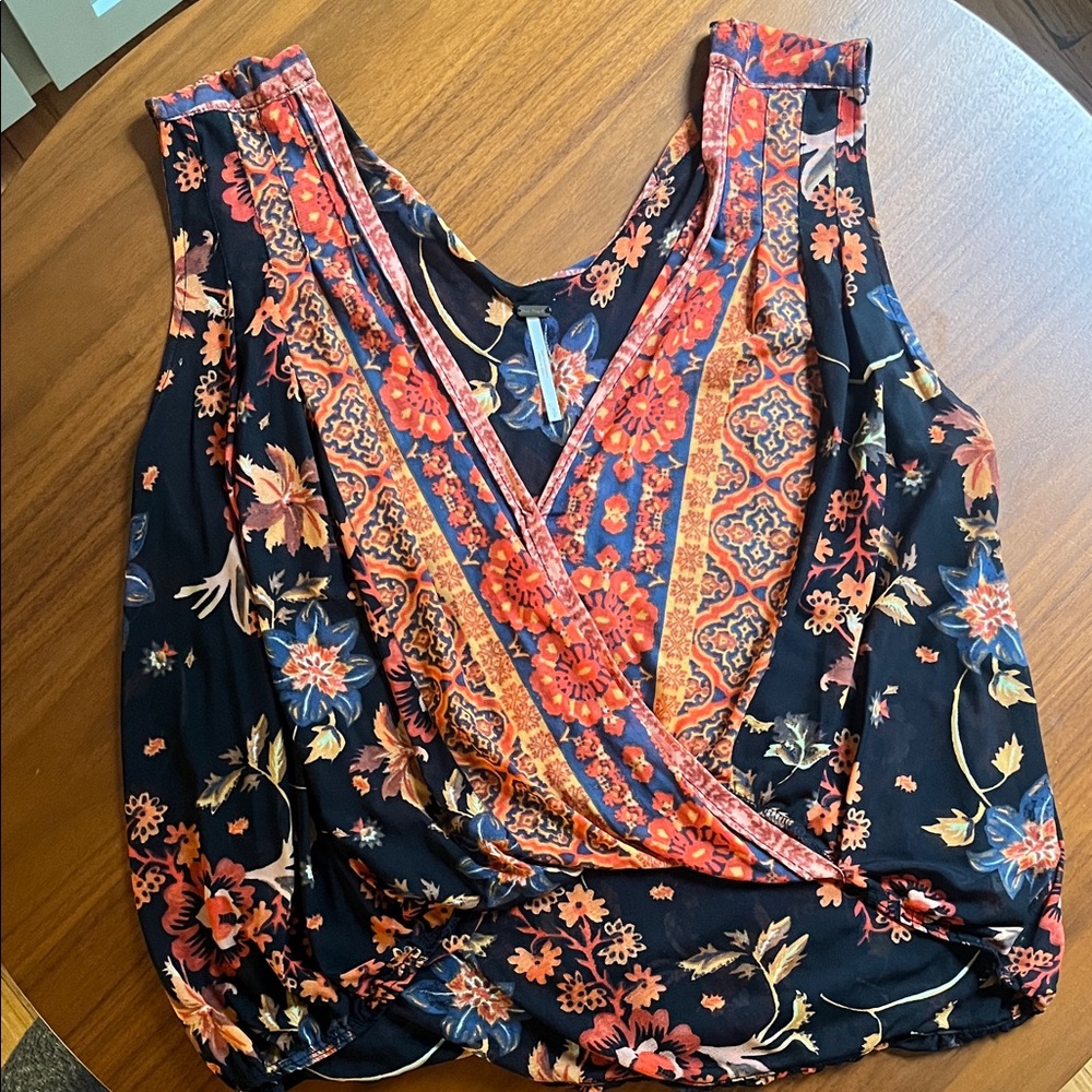 Free People Navy Tank Top with Coral and Orange Floral Print